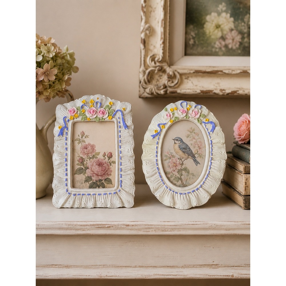 Vintage‎ Floral Picture Frame Set Cottage Shabby Chic Pink Roses Ribbon Pair